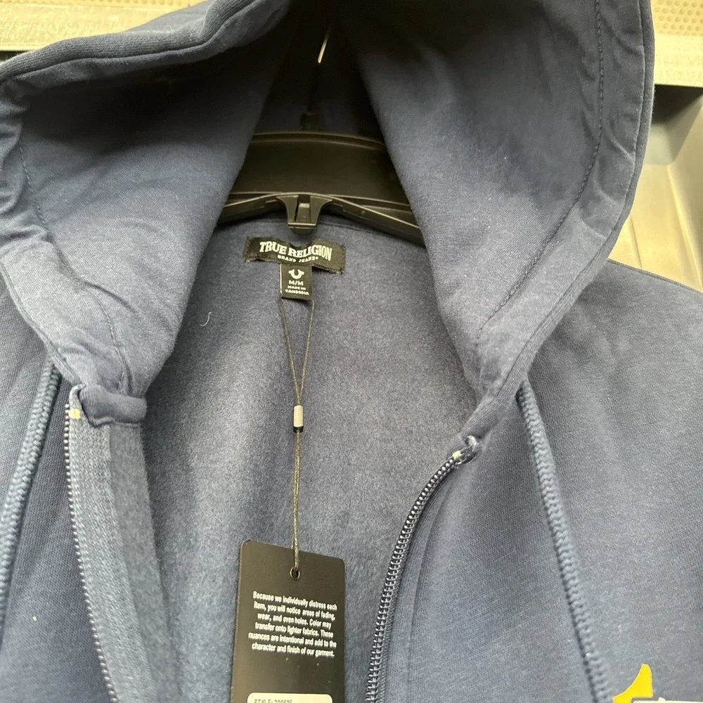 True Religion Jacket Mens M Blue Overlap Buddha Zip Hoodie Sweatshirt NWT‎